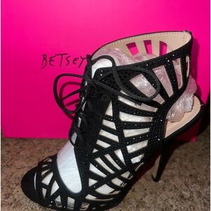 Betsy John Lexxe Lace Up Rhinestone Cage Heels Black Size 6